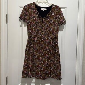 LOFT Paradise Lost Pintucked Side Tie Jungle Print Short Sleeve Mini‎ Dress Sz M